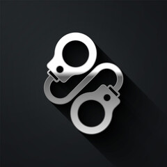 Silver Handcuffs icon isolated on black background. Long shadow style. Vector