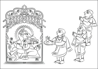 Phad is Indian folk art. The paintings made for storytelling, paintings narrated stories of local deities and rulers. This story is about Lord Ganesha, for textile printing, logo, wallpaper