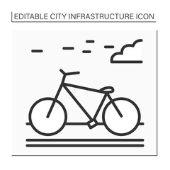 Bicycle line icon. Bikeway with lanes on road for cyclists only. Outdoor bicycle movement. Outline drawing. City infrastructure concept. Isolated vector illustrations. Editable stroke