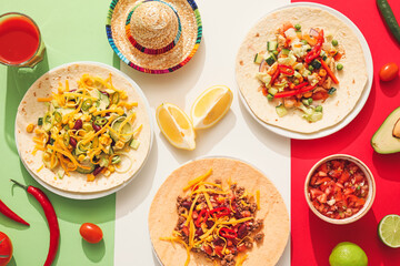 Composition with tasty tacos, sauces and sombrero hat on color background