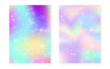 Magic background with princess rainbow gradient. Kawaii unicorn hologram.