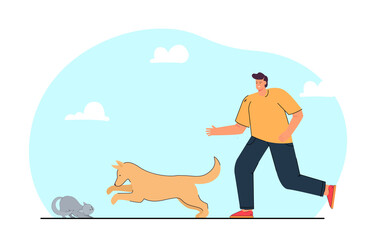 Man breaking up fight between dog and cat. Owner trying to protect his pet flat vector illustration. Animal, attack concept for banner, website design or landing web page