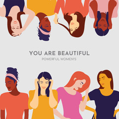 The concept of the female's empowerment movement. Different ethnicity women. The struggle for rights, independence, equality
