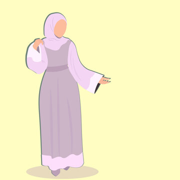 Arabic muslim woman in hijab and traditional fashion Abaya from UAE or Saudi Arabia, carries a luxury hand bag, going for shopping. Islamic clothes, faceless model vector illustration