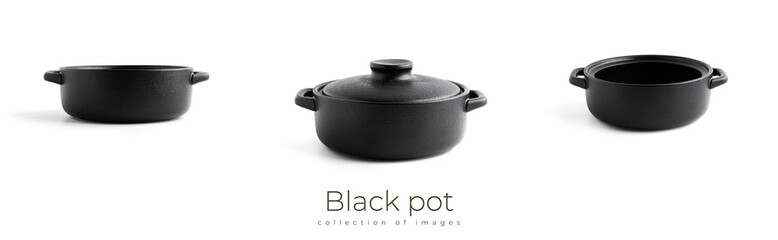Black pot isolated on white background. Black kitchenware.