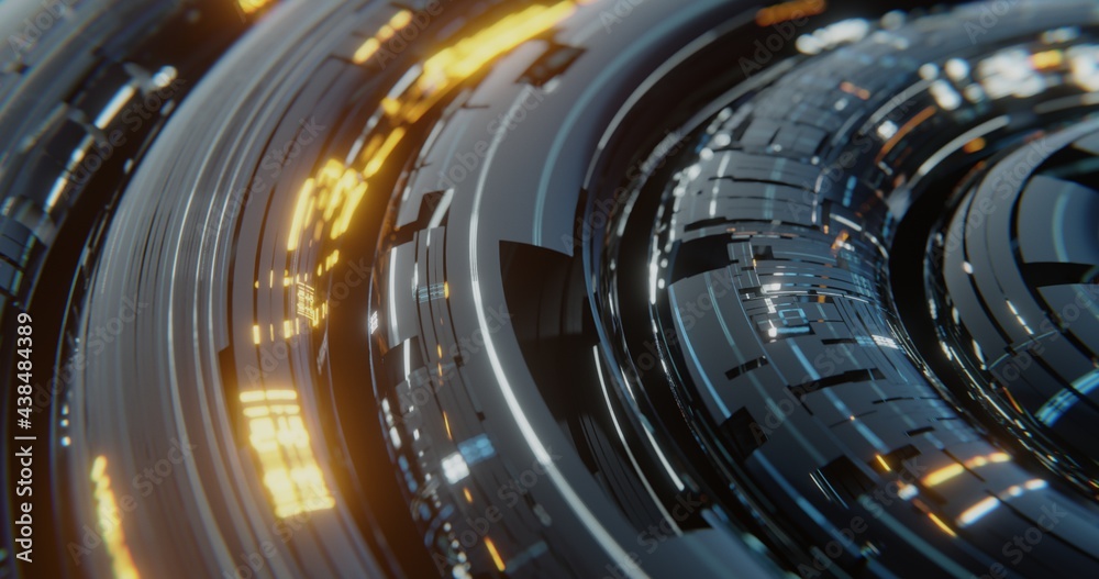 Poster 3d metallic hi-tech tunnel with digital data flow and led lights. 3d rendering