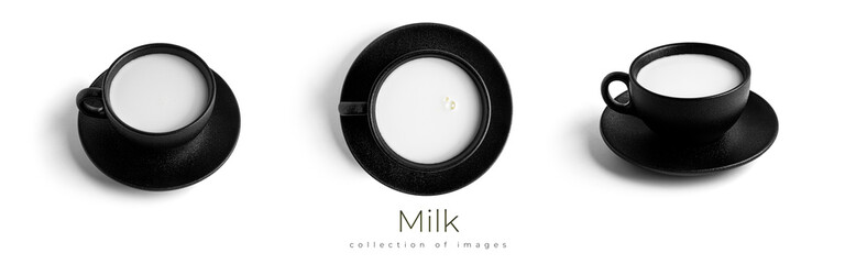 Cups with milk drink on a plate on a white background.