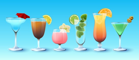 Drinks. Summer cocktails. Abstract vector illustration of a set of glass glasses with summer drinks on a blue background. A blank for creativity.