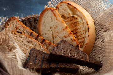 Bread basket, various sliced and fried breads.