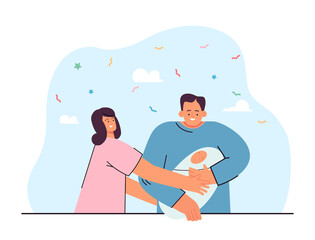 Wife giving newborn baby to her husband flat vector illustration. Happy couple after maternity hospital celebrating birth of child. Parenthood, family, birthday concept