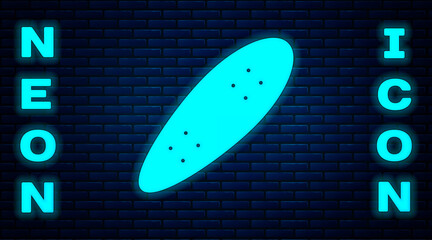 Glowing neon Longboard or skateboard cruiser icon isolated on brick wall background. Extreme sport. Sport equipment. Vector