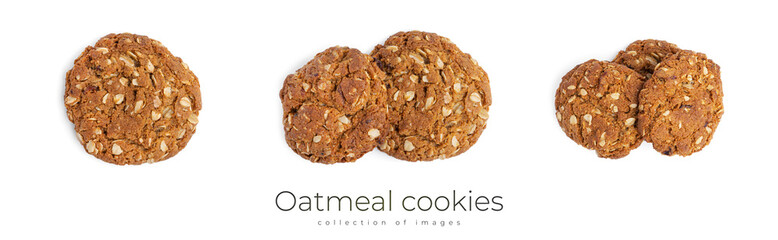 Oatmeal cookies with raisins and coconut on a white background. View from the top. - obrazy, fototapety, plakaty