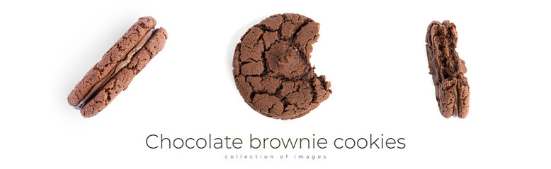 Chocolate brownie cookies with chocolate filling on a white background.