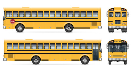 School bus vector mockup. Isolated template of schoolbus on white for vehicle branding, corporate identity. View from side, front, back. All elements in the groups on separate layers for easy editing - obrazy, fototapety, plakaty
