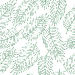 Fototapeta na wymiar Silhuette of tropical palm leaves seamless pattern. Line art. Blue plants on white background