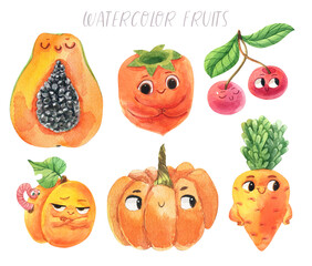 Smoothies time. Summer and autumn. Different types of tasty fruits. The smiles and joy. Children's watercolor illustration.