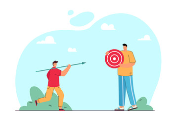 Father holding dartboard and son holding dart. Dad and son spending time together, plying darts flat vector illustration. Parenthood, development concept for banner, website design or landing web page
