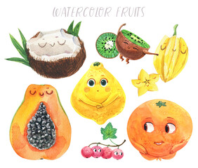 Smoothies time. Summer and autumn. Different types of tasty fruits. The smiles and joy. Children's watercolor illustration.
