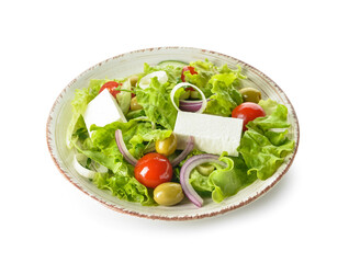 Plate with fresh salad on white background