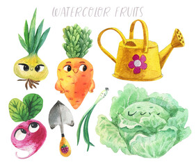 Gardening time. Summer and autumn. Different types of tasty fruits. The smiles and joy. Children's watercolor illustration.