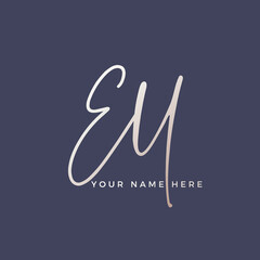 EM monogram logo.Calligraphic signature icon.Uppercase letter e and letter m.Lettering sign isolated on dark background.Alphabet initials.Hand drawn, elegant script style.Gold color.