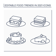 Food trends line icons set. Trendy dishes. Sandos with strawberries and pork, beer cheese, cheesecake. New recipes concept. Isolated vector illustrations. Editable stroke