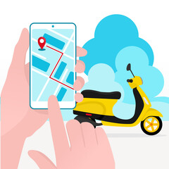 Vector illustration. The concept of online order delivery. Route and order tracking on your phone. You can use it for a website, mobile app, flyer, poster, banner.