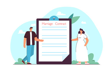 Groom and bride standing next to folder with marriage contract. Tiny wife and husband signing prenuptial agreement flat vector illustration. Convention, wedding, family concept