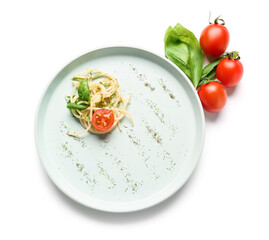 Plate with tasty pasta and tomatoes on white background