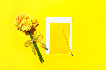 Beautiful daffodils and blank card with pencil on color background
