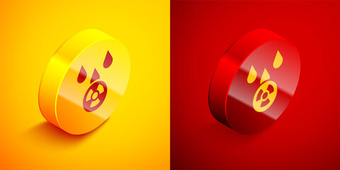 Isometric Acid rain and radioactive cloud icon isolated on orange and red background. Effects of toxic air pollution on the environment. Circle button. Vector