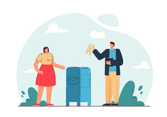 Man and woman sending letters vector illustration. Male and female character standing near mailbox. Man throwing envelope in it. Post concept for banner, website design or landing web page