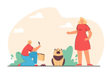 Woman cleaning up after dog. Female character taking away puppy poo in park, putting it into special bag. Keeping domestic animals concept for banner, website design, landing web page