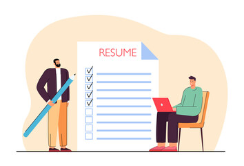 Fototapeta na wymiar Man applying for job vector illustration. Male with pencil ticking points in resume, another man with laptop, interviewing him online. Job search concept for banner, website design or landing page