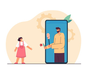 Online crime towards children. Bearded bad man in smartphone pretending to be good giving sweet to little girl. Cybersecurity concept for banner, website design or landing web page