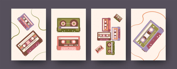 Set of contemporary art posters with audio cassettes. Vector illustration. Collection of stereo cassettes with different compositions. Music, audio, vintage, sound concept for social media design