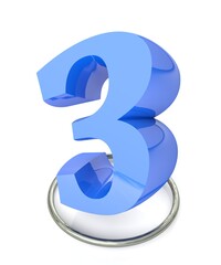 Number 3 blue over metallic circle on white background - 3D rendering illustration