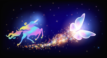 Obraz na płótnie Canvas Galloping iridescent unicorn with luxurious winding mane and flying magic butterfly against the background of the fantasy universe with sparkling stars.