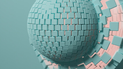 3D Illustration of multiple cubes forming a sphere with a source of light inside