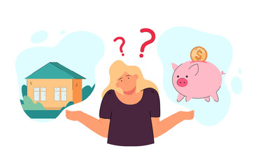 Girl choosing between saving money or buying house. Female person making decision flat vector illustration. Saving and spending, finance concept for banner, website design or landing web page