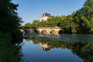 Castle Raoul and bridge with Reflection in Water, Chateauroux city, France - obrazy, fototapety, plakaty