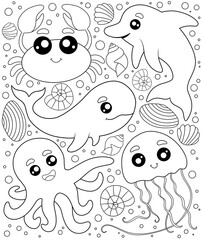 coloring page with sea animals for kids