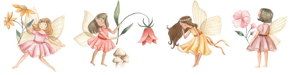   Fairy and Flowers watercolor illustration for girls  - obrazy, fototapety, plakaty