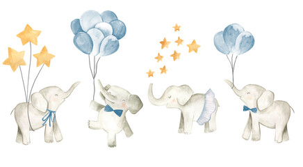 Baby elephant watercolor illustration nursery for boys 
