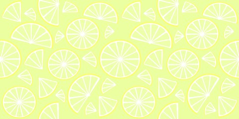 Colored pattern of different slices of cut lemon on a yellow background for printing on fabric and paper