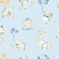 Baby elephant watercolor illustration nursery seamless pattern for boys 