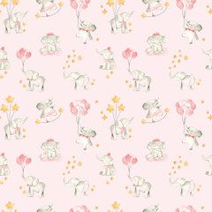 Baby elephant watercolor illustration nursery pattern for girls