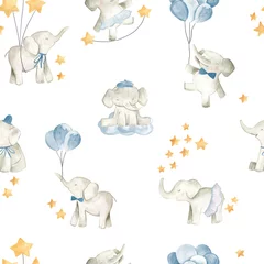 Acrylic prints Elephant Baby elephant watercolor illustration nursery seamless  pattern for boys 