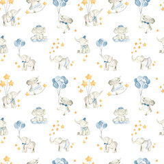 Baby elephant watercolor illustration nursery pattern for boys 