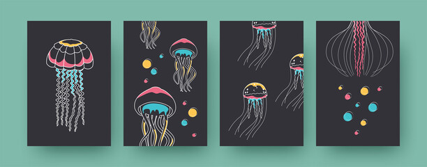 Set of contemporary art posters with jellyfish. Medusas and tentacles vector illustrations in pastel colors. Marine fauna, wildlife concept for designs, social media, postcards, invitation cards